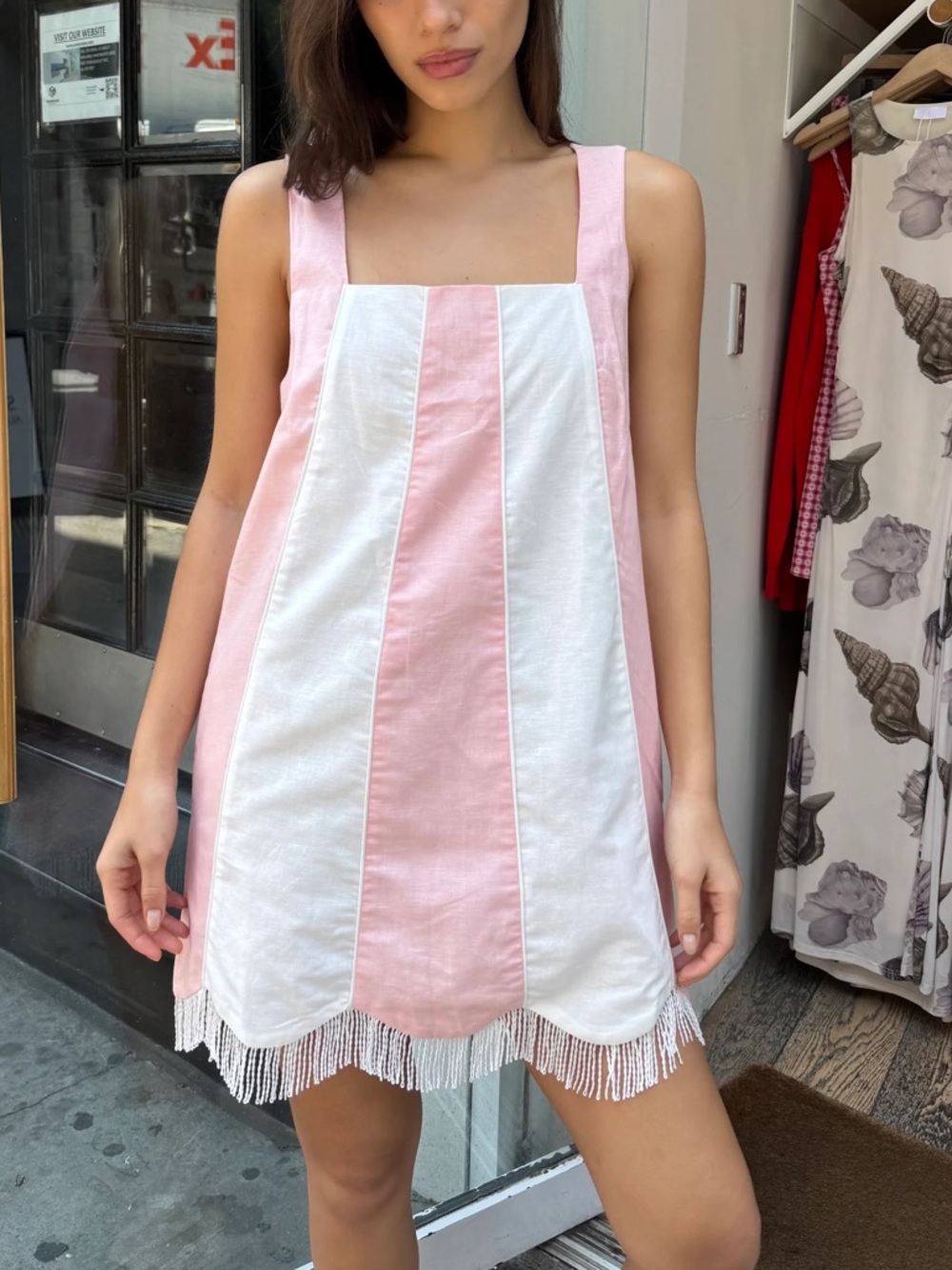 Rachel Antonoff Nancy fringe dress in beach umbrella Pink white 38617